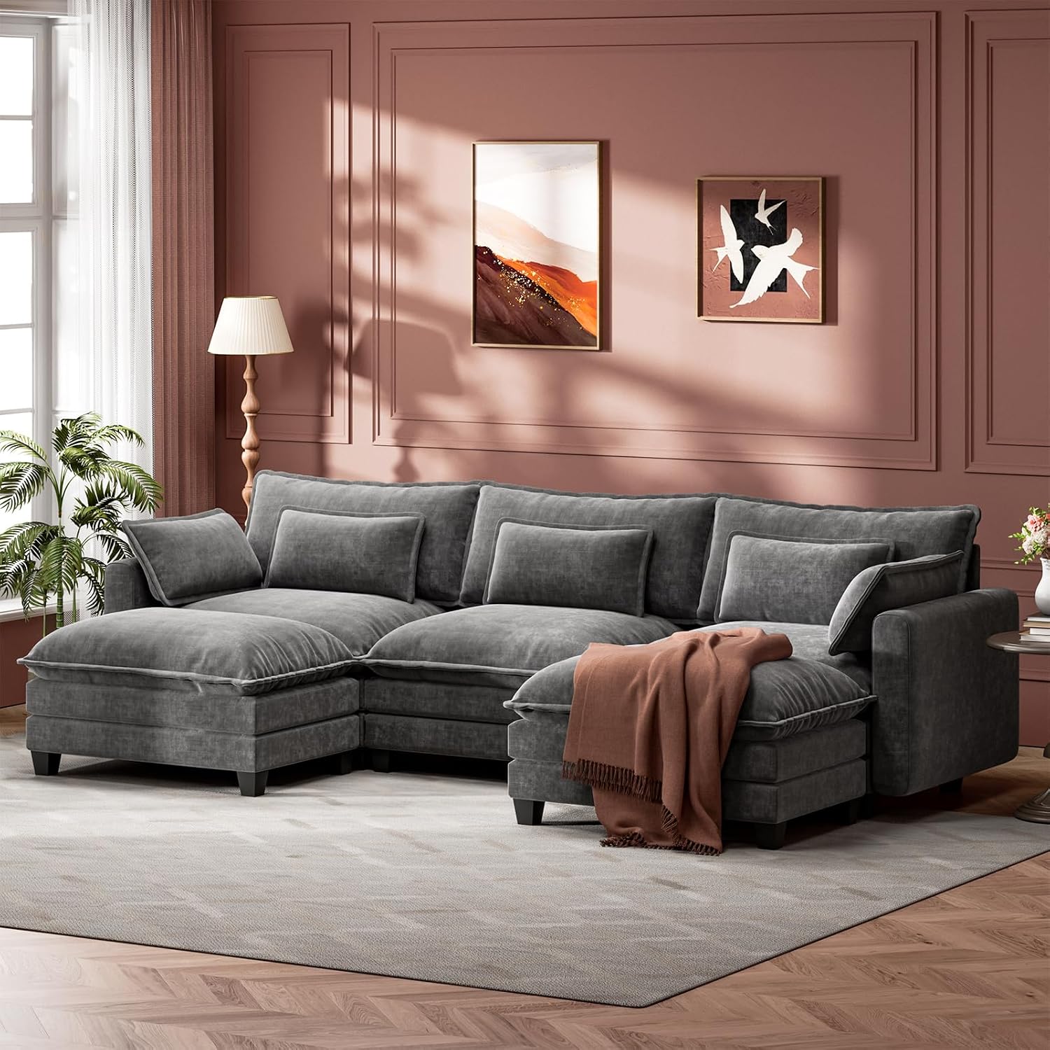 Slate Gray Chenille U-Shaped Cloud Sectional Sofa