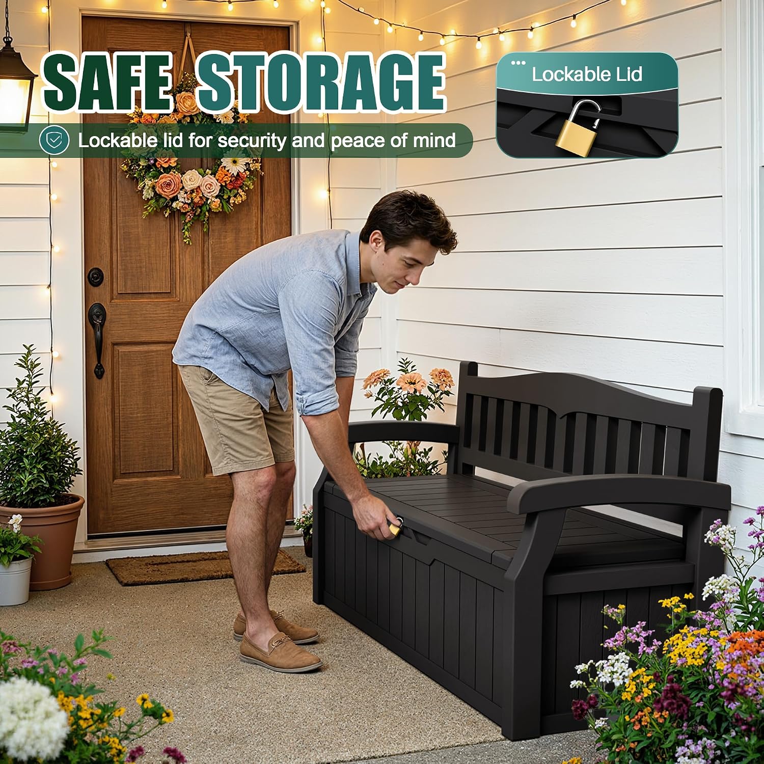 Black Lockable 80 Gallon Outdoor Storage Bench