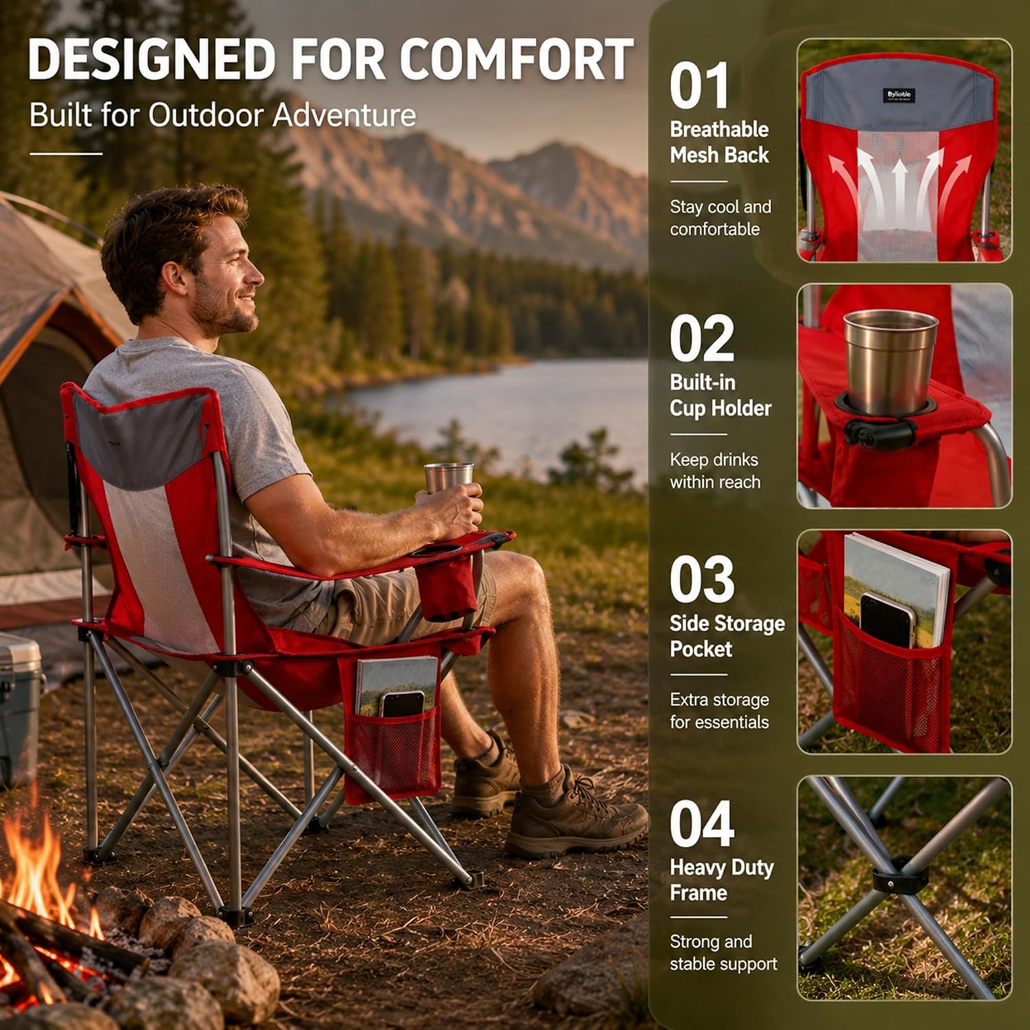 Red Oversized Cooler Pocket Foldable Camping Chair