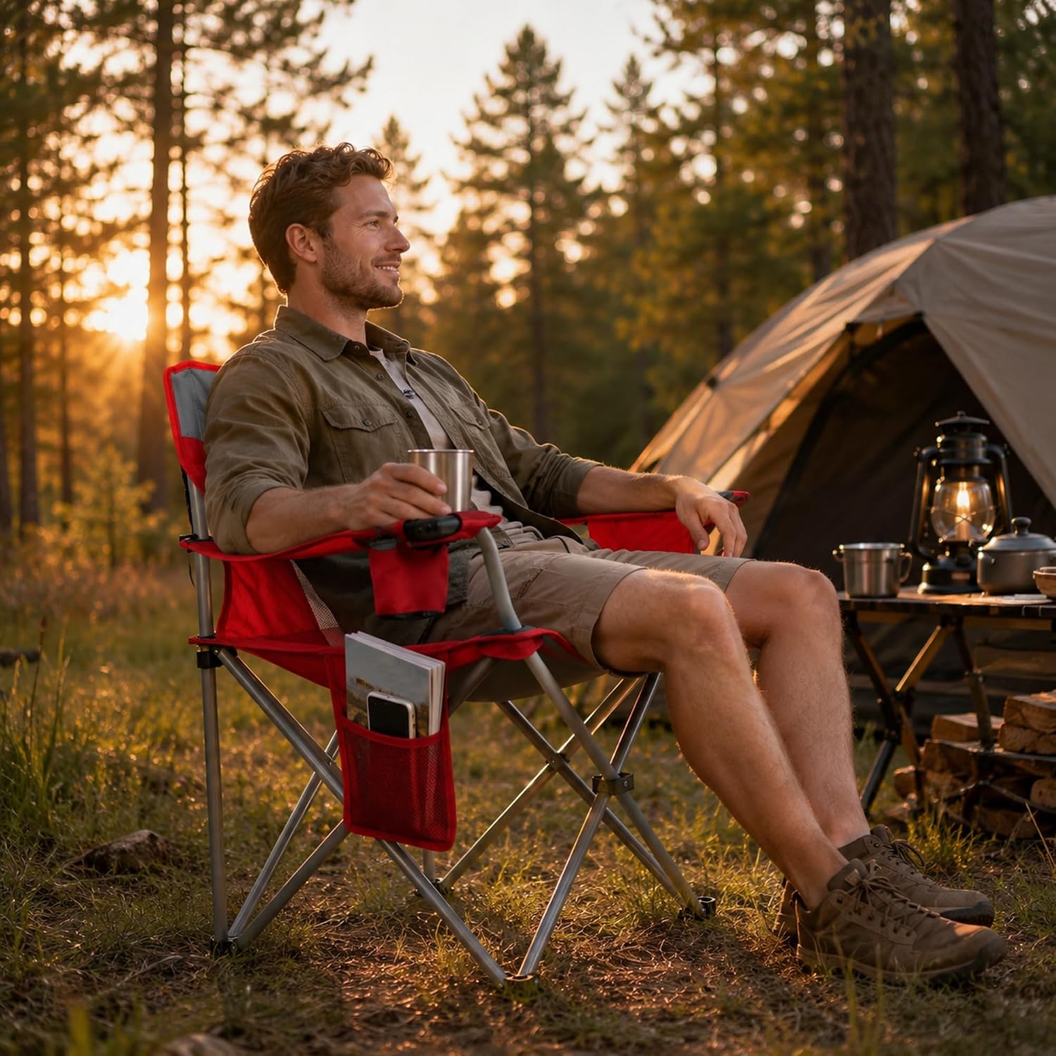 Red Oversized Cooler Pocket Foldable Camping Chair