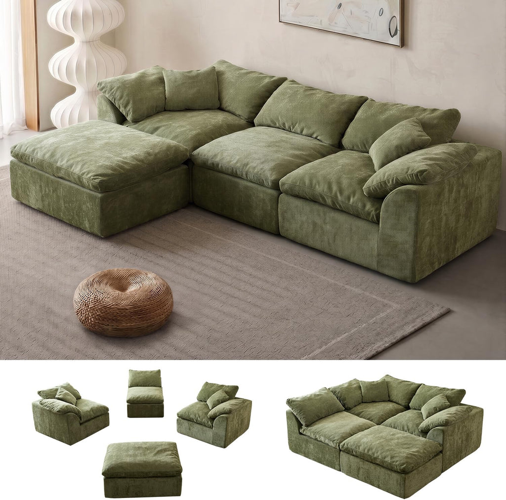 Green Chenille L-Shaped Cloud Modular Sofa