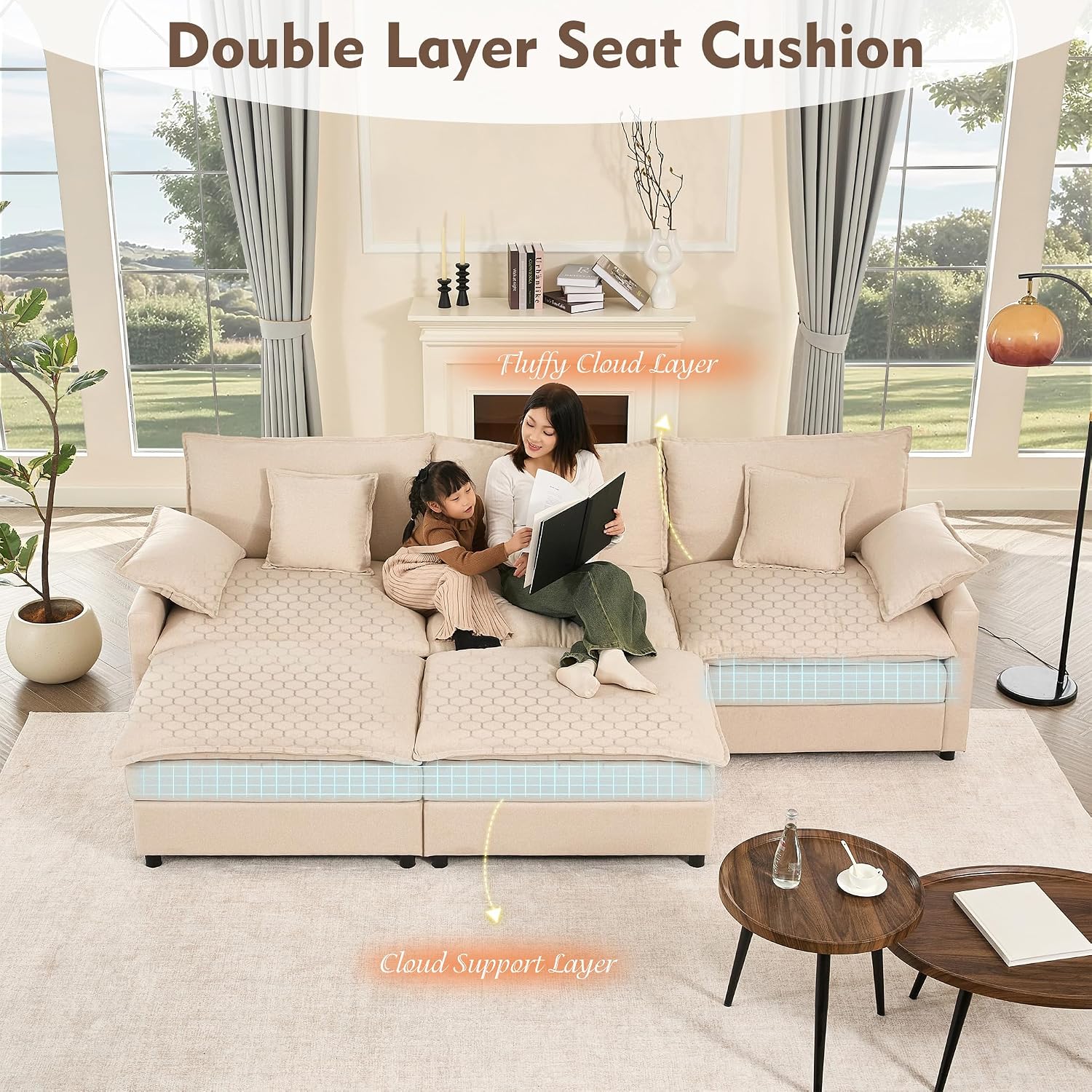 Beige Linen U-Shaped Cloud Modular Sectional Sofa