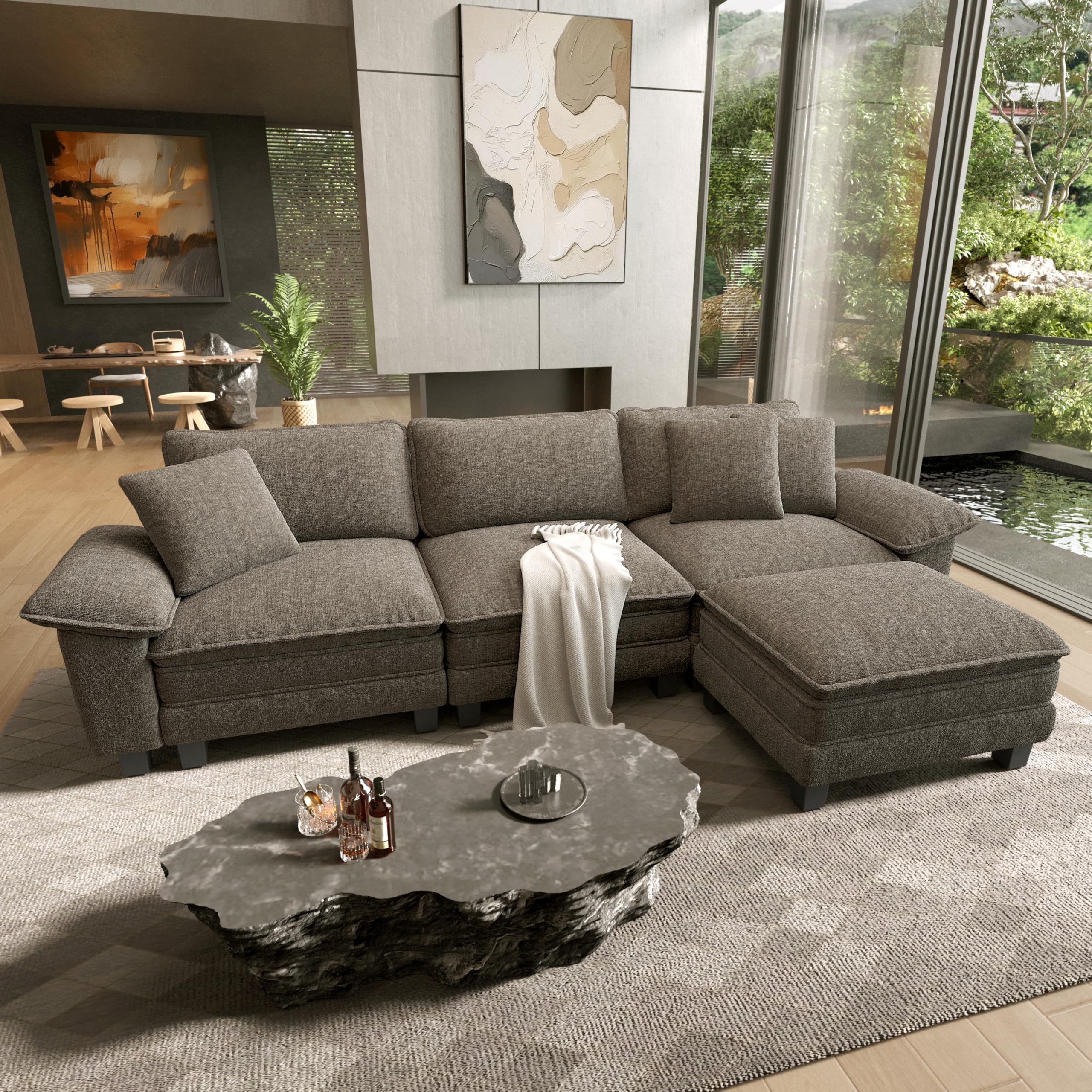 Ash Chenille U-Shaped Deep Seat Cloud Sectional Sofa