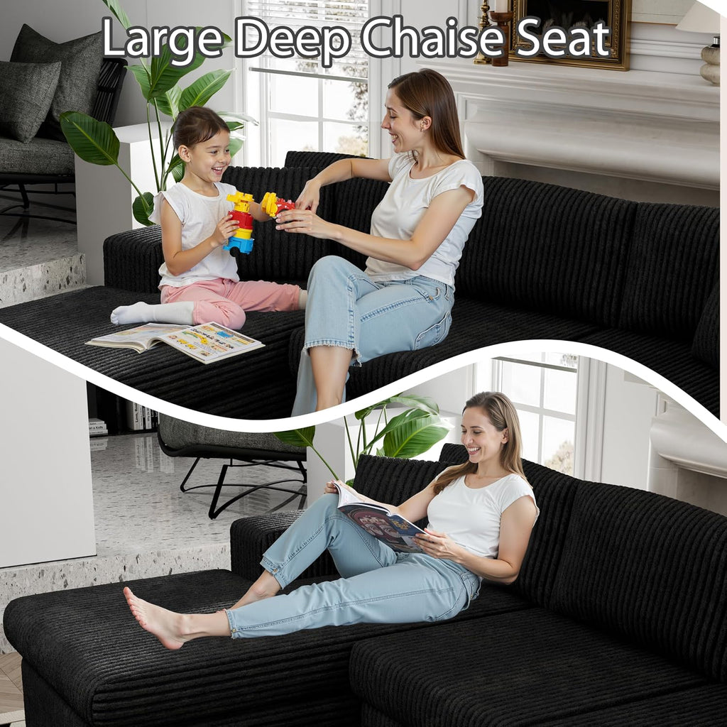 Black Corduroy L-Shaped Deep Seat Cloud Sofa