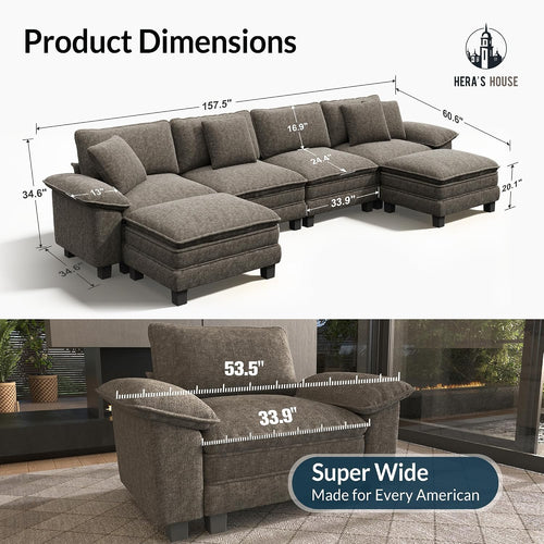 Ash Chenille U-Shaped Deep Seat Cloud Sectional Sofa
