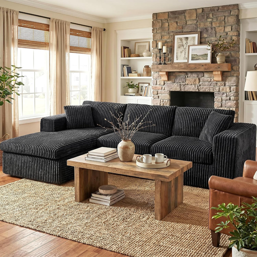 Black Corduroy L-Shaped Deep Seat Cloud Sofa