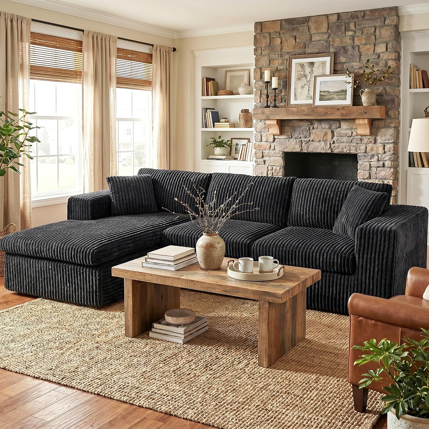 Black Corduroy L-Shaped Deep Seat Cloud Sofa