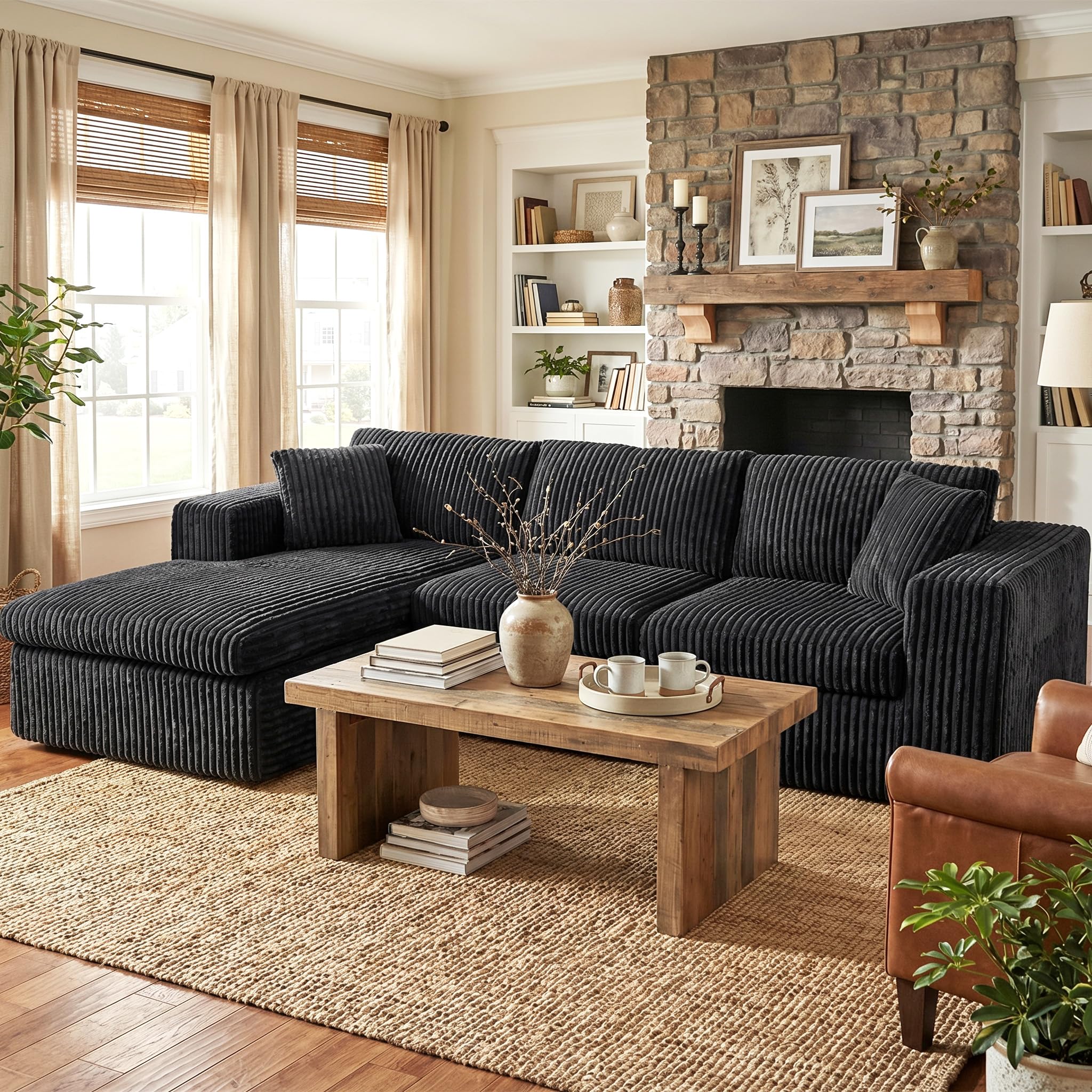 Black Corduroy L-Shaped Deep Seat Cloud Sofa