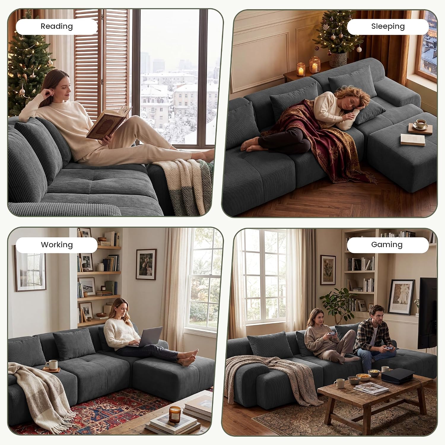 Dark Grey Tufted Corduroy Cloud Sectional Sofa