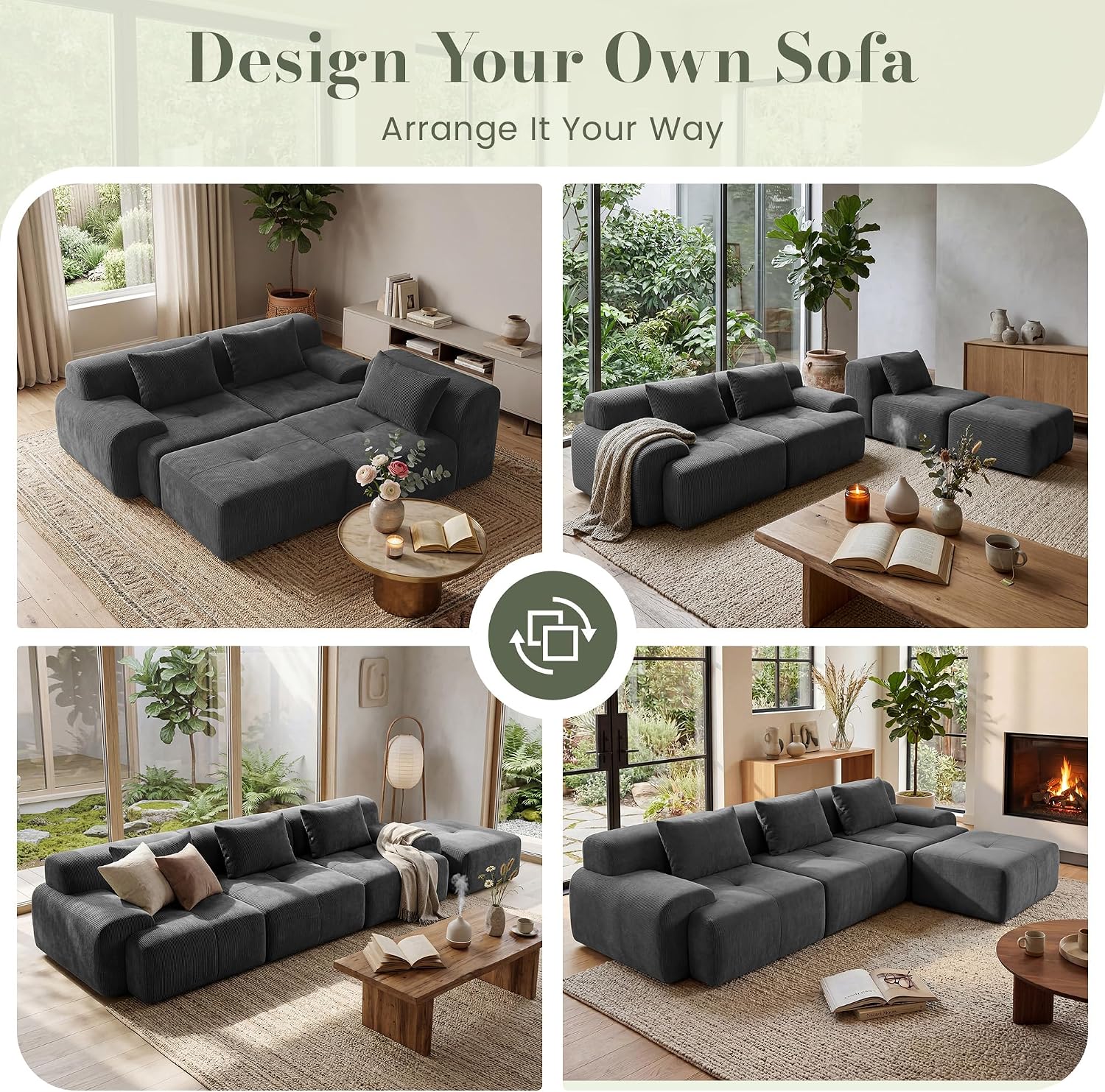 Dark Grey Tufted Corduroy Cloud Sectional Sofa