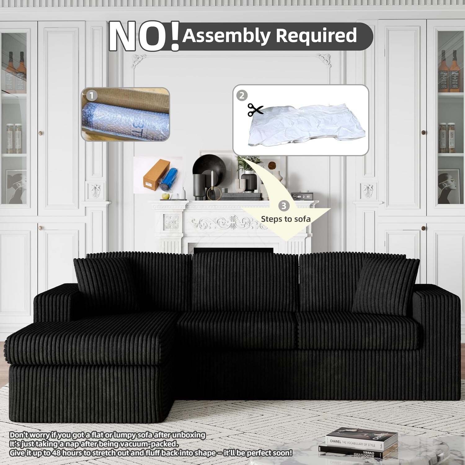 Black Corduroy L-Shaped Deep Seat Cloud Sofa