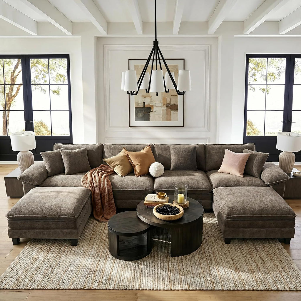 Ash Chenille U-Shaped Deep Seat Cloud Sectional Sofa