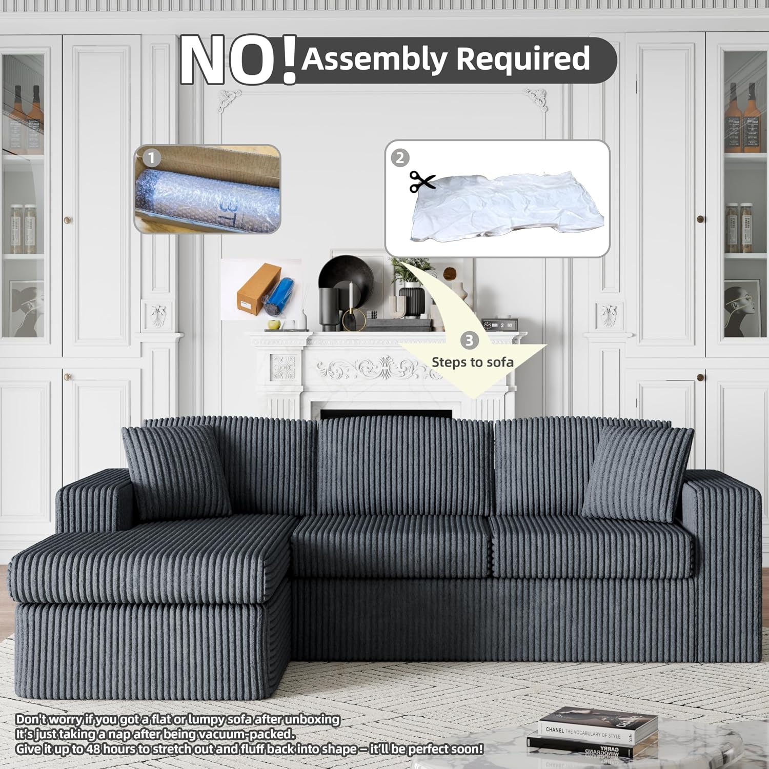Dark Gray Corduroy L-Shaped Cloud Sectional Sofa
